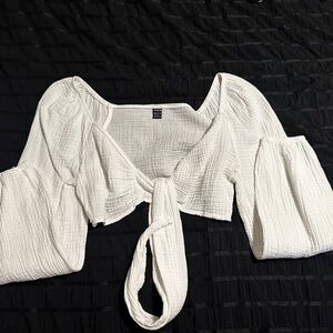 SHEIN White Textured Tie-Front Blouse